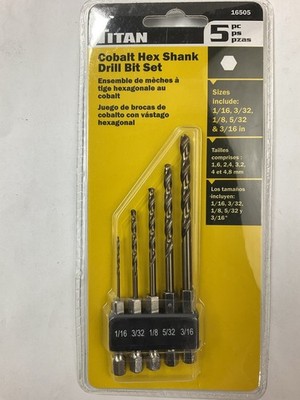 Titan 16505 5 Piece Hex Shank Drill Bit Set: 1/16'', 3/32'', 1/8'', 5/32'', 3/16''