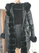 Womens Black Faux Leather And Fur Hooded Coat 14/16
