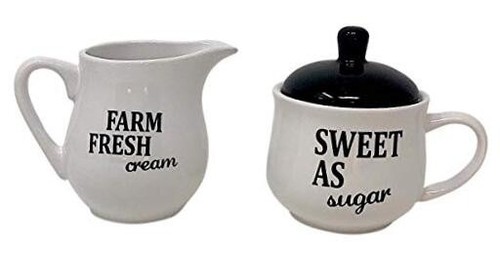 Set Sugar Bowl and Cream Server Holder Ceramic Black & White Farmhouse Table