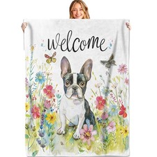 MIEPOS Cute Boston Terrier Dog Flower Throw Blanket,50x60in,Soft and Lightwei...