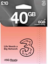 Three Sim Card £10 package gives 40GB Data Unlimited Calls n Texts & 6gb Roaming