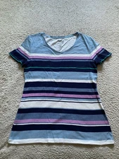 Croft & Barrow Women Striped Short Sleeve V-Neck T-Shirt Multicolor Size S