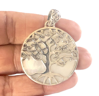 925 Sterling Silver Mother of Pearl Tree of Life Pendant Round Statement Jewelry
