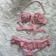 Red and white vintage gingham halter ruffle bikini Set