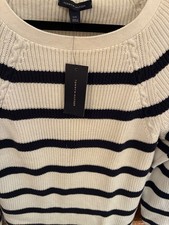 385 NWT TOMMY HILFIGER WOMENS LARGE SWEATER PULLOVER BLUE STRIPE COTTON