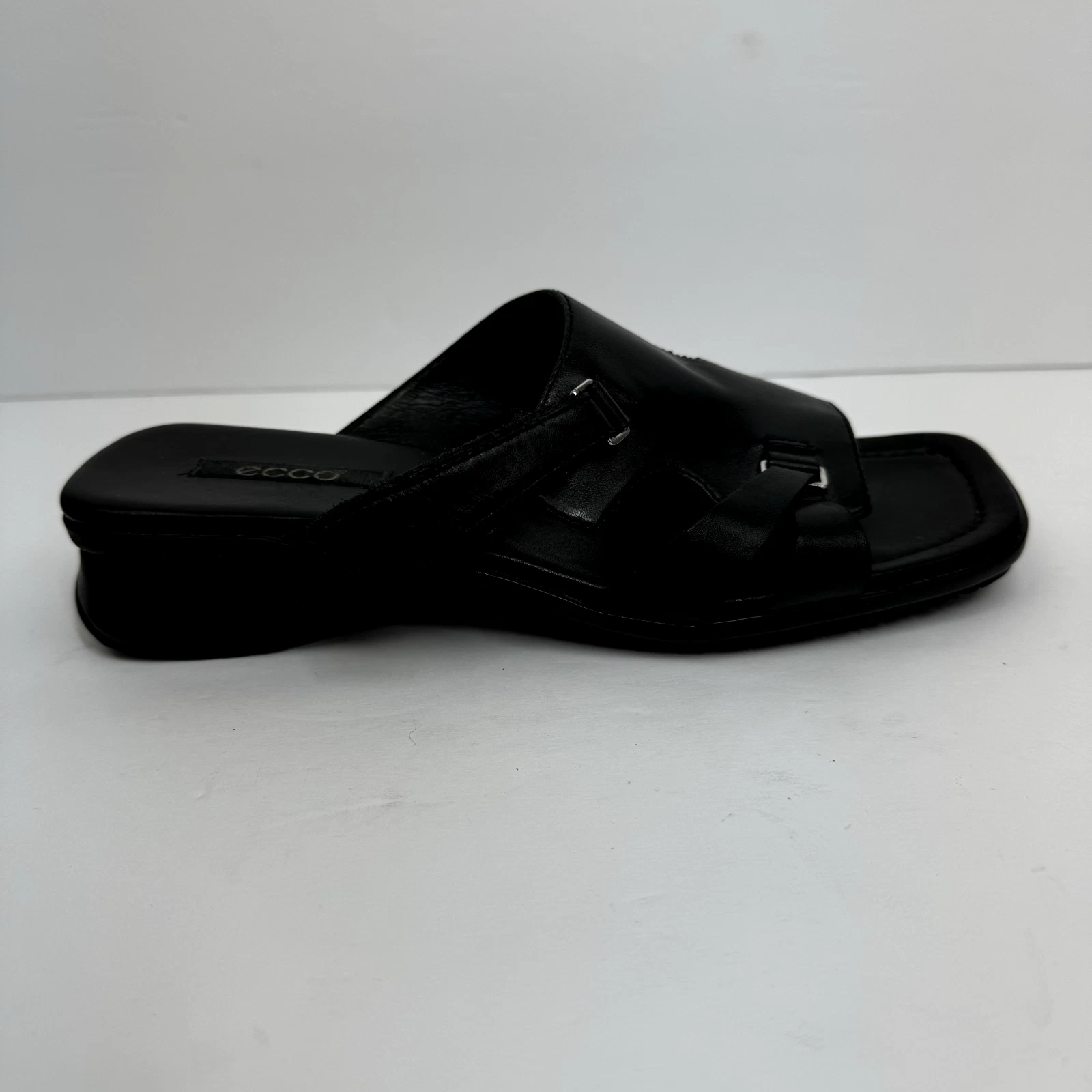 Scivolo donna Ecco punta aperta zeppa taglia 37 US 6 pelle nera punta quadrata