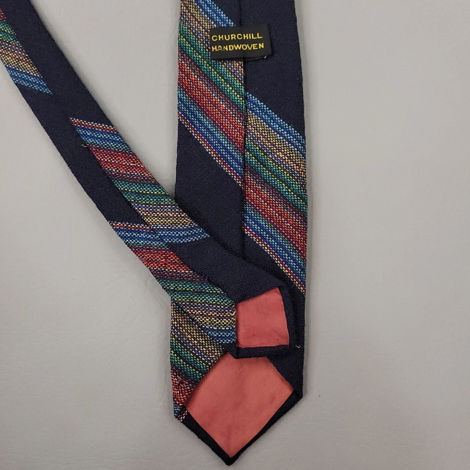 Corbata Churchill vintage para hombre azul colorida rayas ajustada corta tejida franela de lana Foto 3 de 4