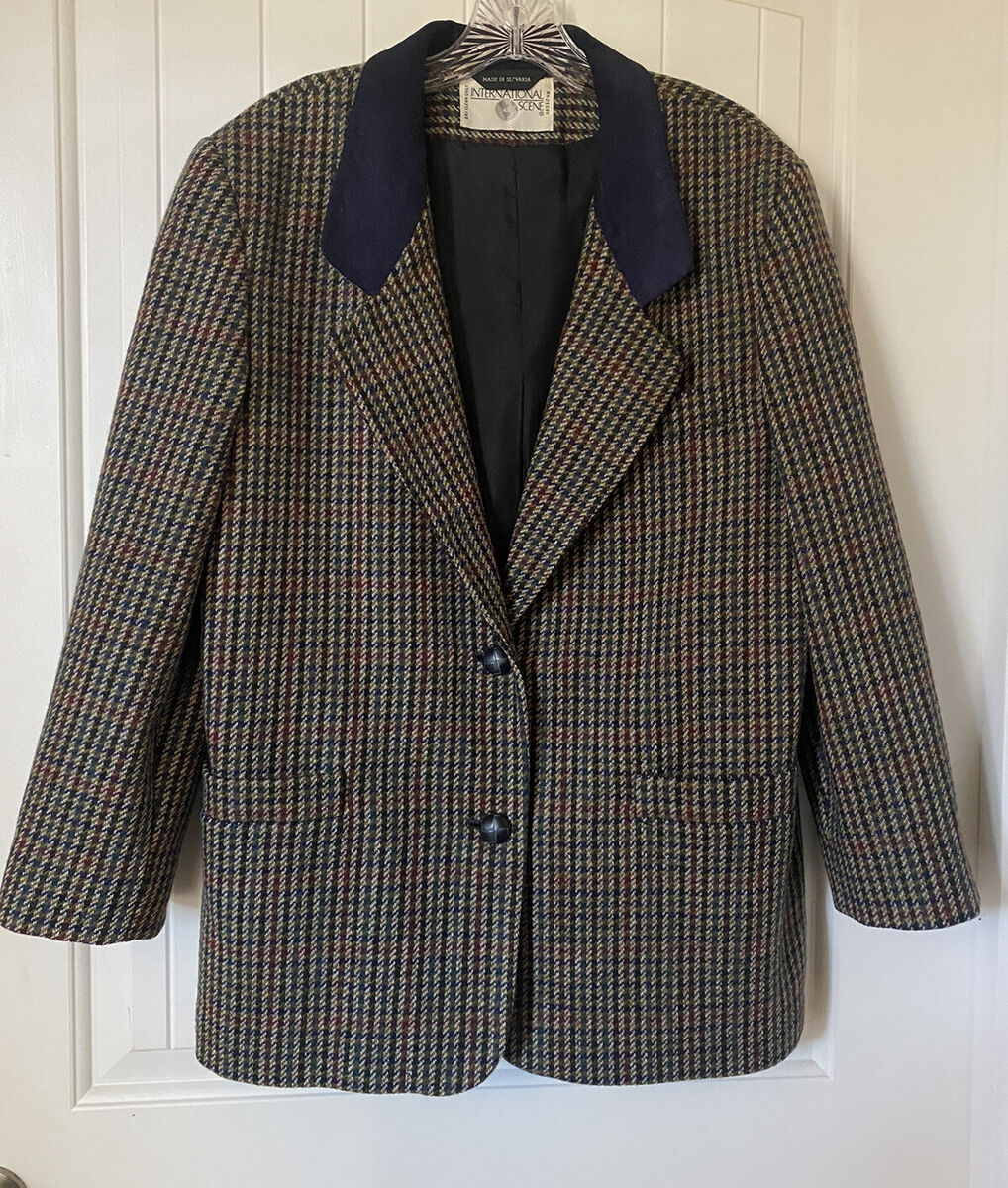 Vintage International Scene Wool Plaid Suede Collar Blazer Vintage International Scene Wool Plaid Suede Collar Blazer