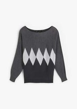 Pullover mit Rauten Gr. 36/38 Schwarz Anthrazit Metallic Silber Damen-Pulli Neu