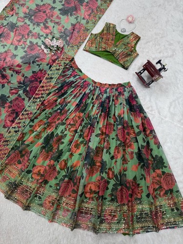 Organza atigrado Indian Look Lehenga Choli con Dupatta verde para mujer/niña - Imagen 9 de 9