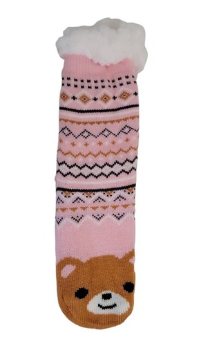 Sherpa Lined Soft Warm Non-Slip Women's Pink Bear Theme Slipper Socks - One Size - Picture 2 of 4