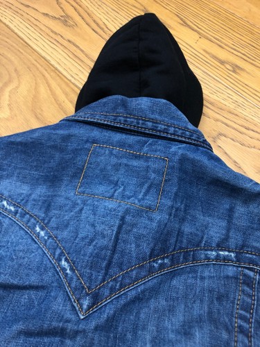 TRUE RELIGION JOHNNY BLUE DENIM JEAN JACKET BLACK HOODIE HOODED TOP MEDIUM - Picture 19 of 24