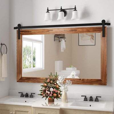 Farmhouse Barn Door Mirror - 41'' X 26'' Rustic Wood Framed Wall Mirror for Bathro