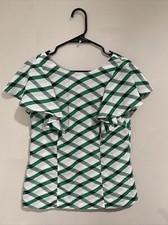 Banana Republic Blouse White Green Basket Weave Print Flutter Short Sleeve Sz 4