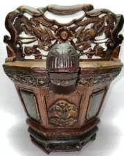 Elaborately Detailed Antique Chinese Carved Wood Rice Wedding Bucket Basket Box