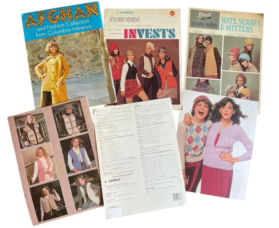 Lot of 6 Vintage Leaflets with Crochet and Knit Patterns for Vests Berets Scarfs - Image 2 of 4