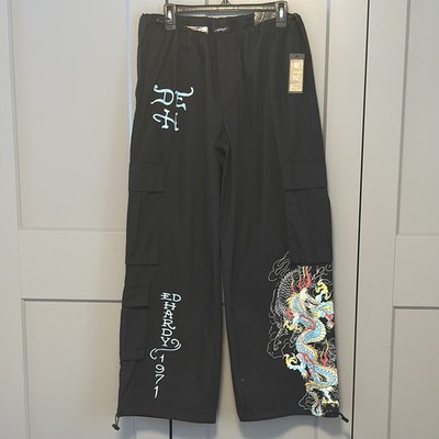 Ed Hardy Dragon Poplin Cargo Pants Sz L Black Baggy Drawstring Cinch Y2K Grunge