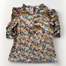 Veronica Beard Women's Floral Blouse Size 10 Rouched Sleeve Cotton Zip Back