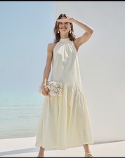 M&S Size 16 Petite Halter Neck ButtercupCream Drop Waist Maxi Dress Side Pockets