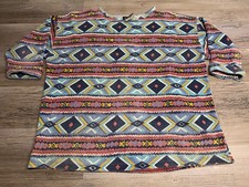 Vintage 90s Southwestern Aztec AOP Top Medium Waffle Thermal USA Made 3/4 Sleeve