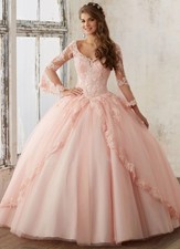 Pink Lace Long Sleeve Tulle Ball Gown Dress Formal Party Quincea era Sweet 16
