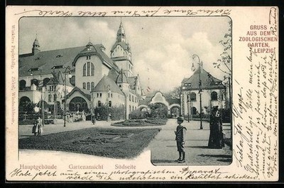 Leipzig, Hauptgebäude des Zoos, Gartenansicht Südseite, Ansichtskarte 1902 
