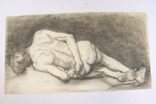 Gefesselter männlicher Akt Kohlezeichnung signiert Julius SEYLER (IH552)