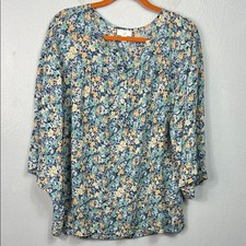 J. Jill Allover Floral Print 3/4 Sleeve Popover Blouse Tunic Top Medium