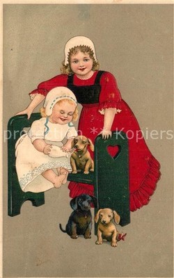 Dackel Dachshund Teckel Hunde dogs Chiens Cani Kind Milch Litho 