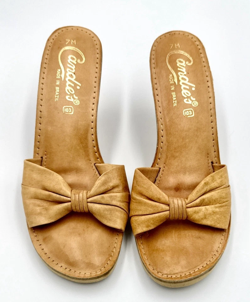 Vintage Candie’s Natural Demi Leather Bow Cork Heel Slide Women’s 7M Classic 80s - Image 2 of 4