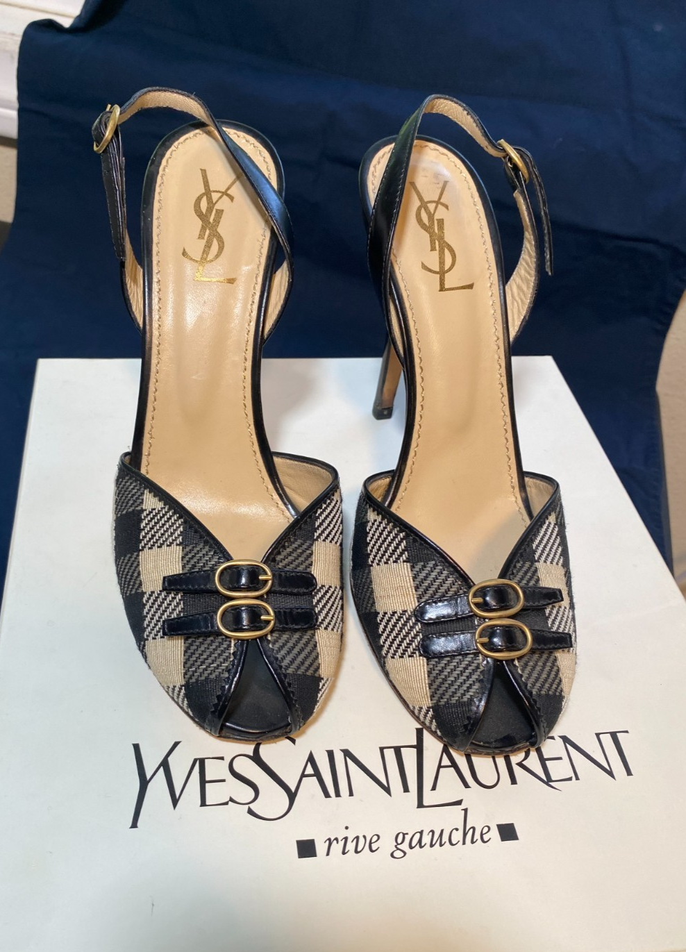 YSL Yves Saint Laurent Rive Gauche tacchi a spillo in pelle a quadri punta aperta 38