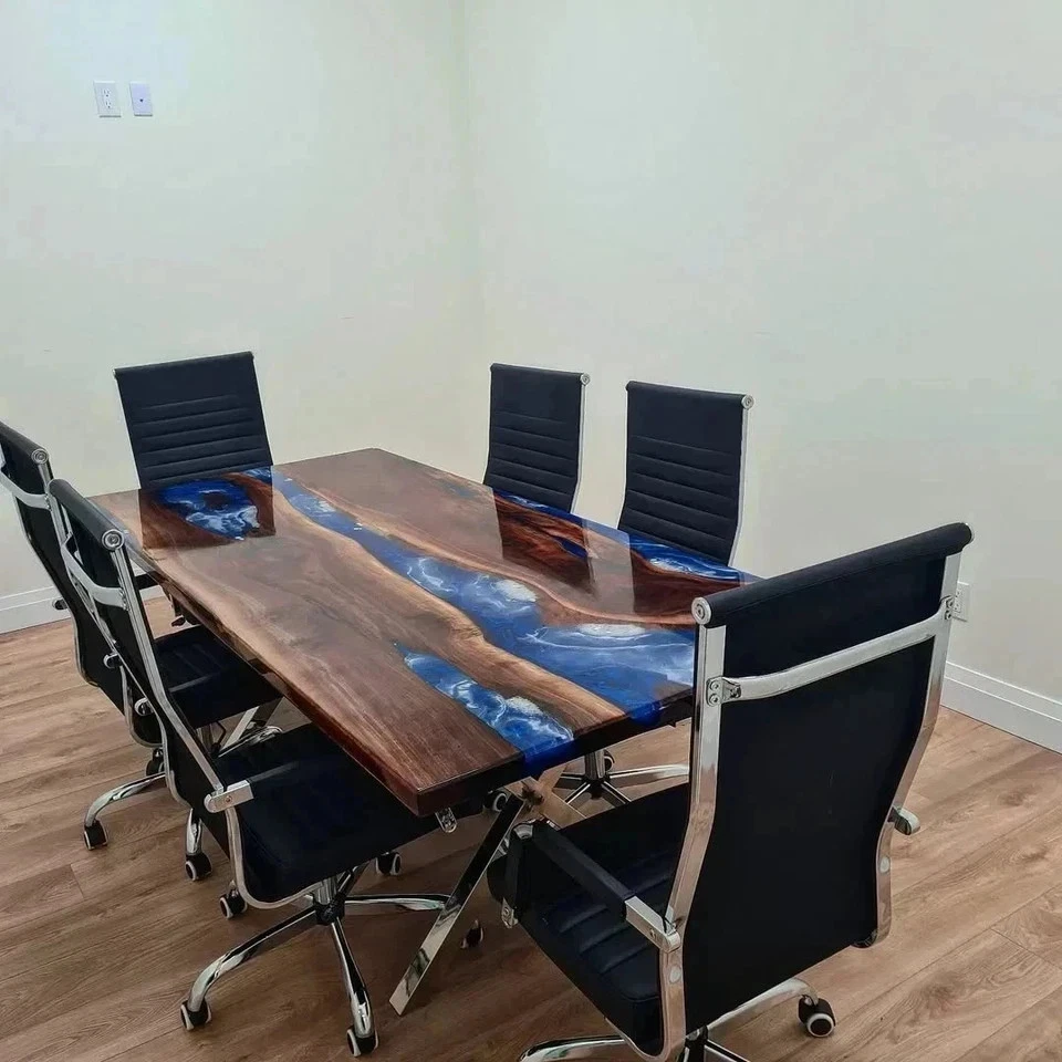 Handmade Blue Epoxy River Dining Table | Custom Live Edge Wood Office Desk - Image 3 of 4