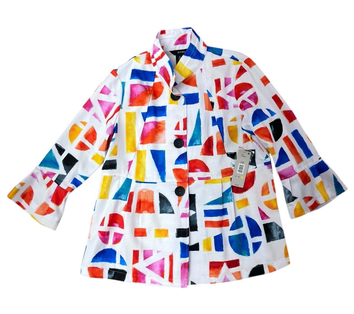 Ali Miles Tunic Size M Geometric Print Button Front Wired Collar 3/4 Slv NWT