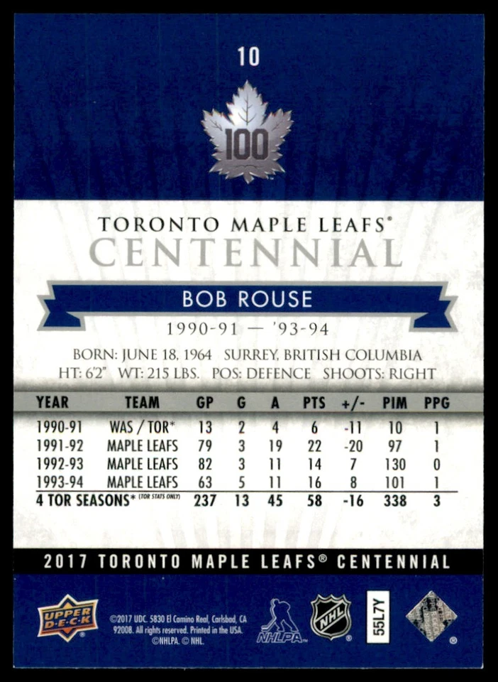 2017-18 Upper Deck Toronto Maple Leafs Centennial Bob Rouse #10 - Image 2 of 2