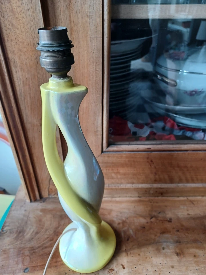LAMPE/ART DECO PIED FAIENCE/ABAT JOUR TISSU 32CM - Photo 3/4