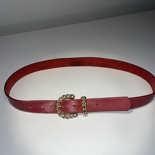 VTG TOP STYLE Gold Chain Belt Buckle Red Leather Small Belt 30” Waist Size Cute!