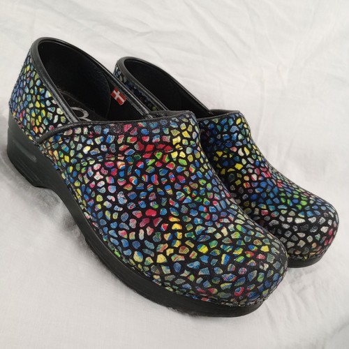 Sanita Women Danish Clogs Nursing Sz 38 7-7.5 Black Rainbow Dots GUC Light Wear