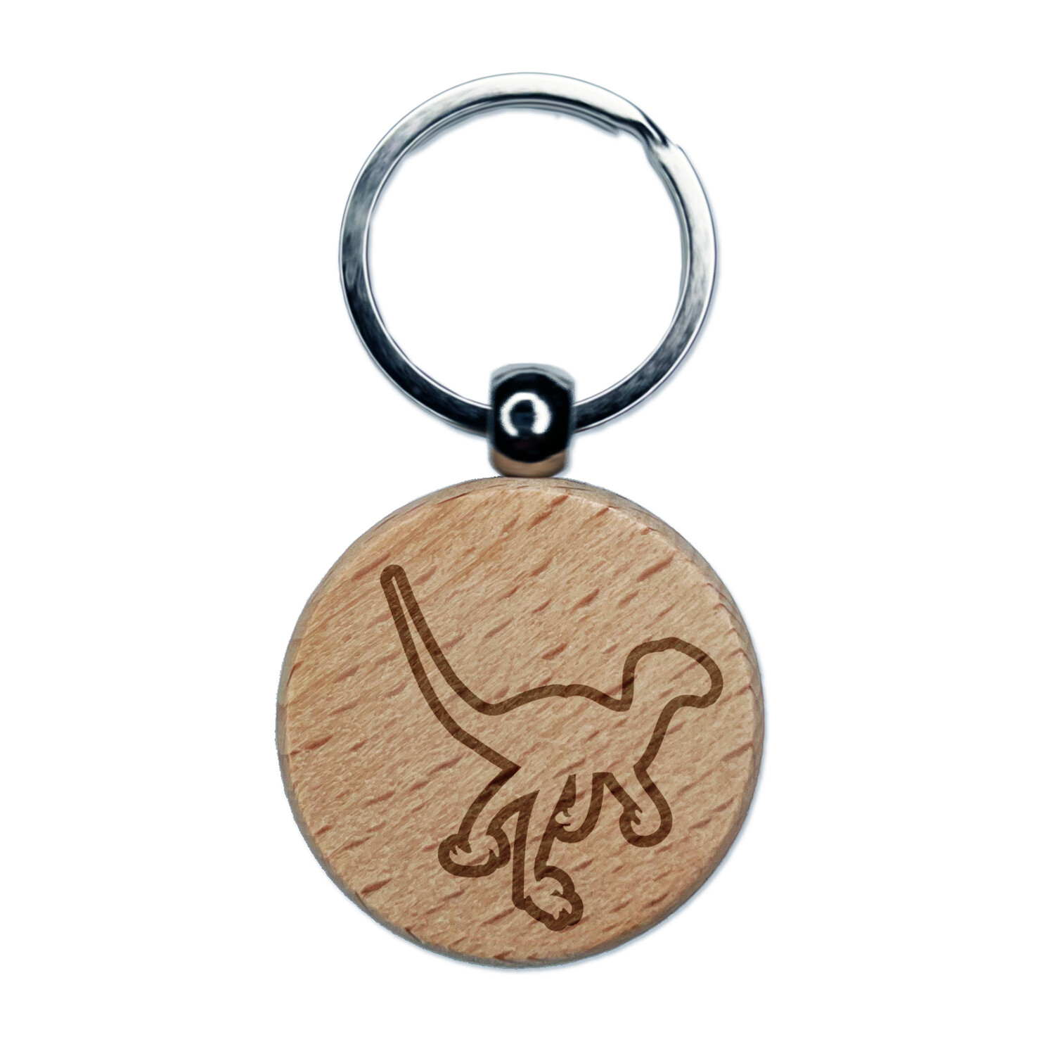 Velociraptor Dinosaur Outline Engraved Wood Round Keychain Tag Charm