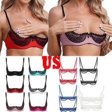 Woman's Lace 1/4 Cup Push Up Shelf Bra Underwire Hollow Out Balconette Bra