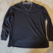 Pierre Cardin 100 Cotton Black Large Men Sweater Stripe V-Neck Contrast Collar