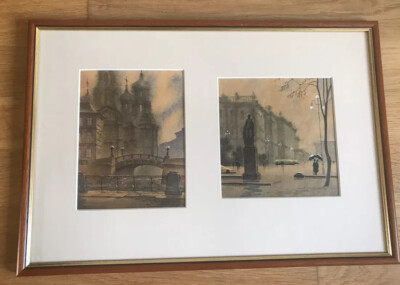 Paar russische Stadtbilder Aquarelle Gemälde Boris Semenov Semjonow