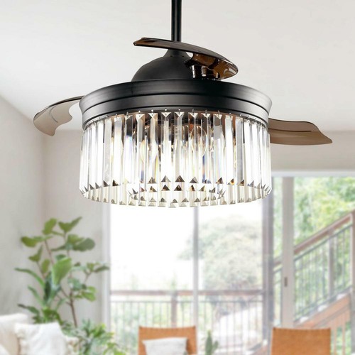 Ceiling Fan 42 Inch Black Crystal Retractable Light Kit Remote Control Indoor - 第 5/9 張圖片
