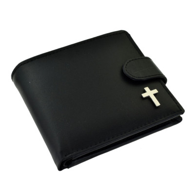 Silver Christian Cross Design Black Leather Wallet XLW1C017 UK - Main Image