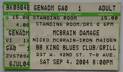 NICKO McBRAIN of IRON MAIDEN CONCERT TICKET LIVE AT BB KING'S CLUB USA 2004 TOUR