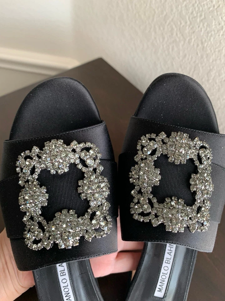 Manolo Blahnik Martanew 50MM Embellished Black Satin Mules size 39 Preowned - Image 3 of 4