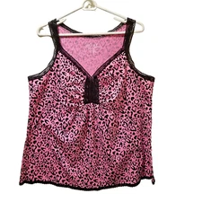 Cacique Sleepwear Camisole Women's 18/20 Pink Black Hearts Cotton Lace Trim