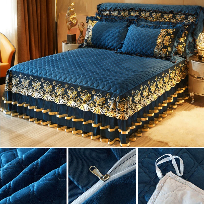 Samt Gesteppt Bett Rock Tagesdecke Netz Rüsche Tiefer Bettlaken Matratzenschoner - Bild 4 von 4