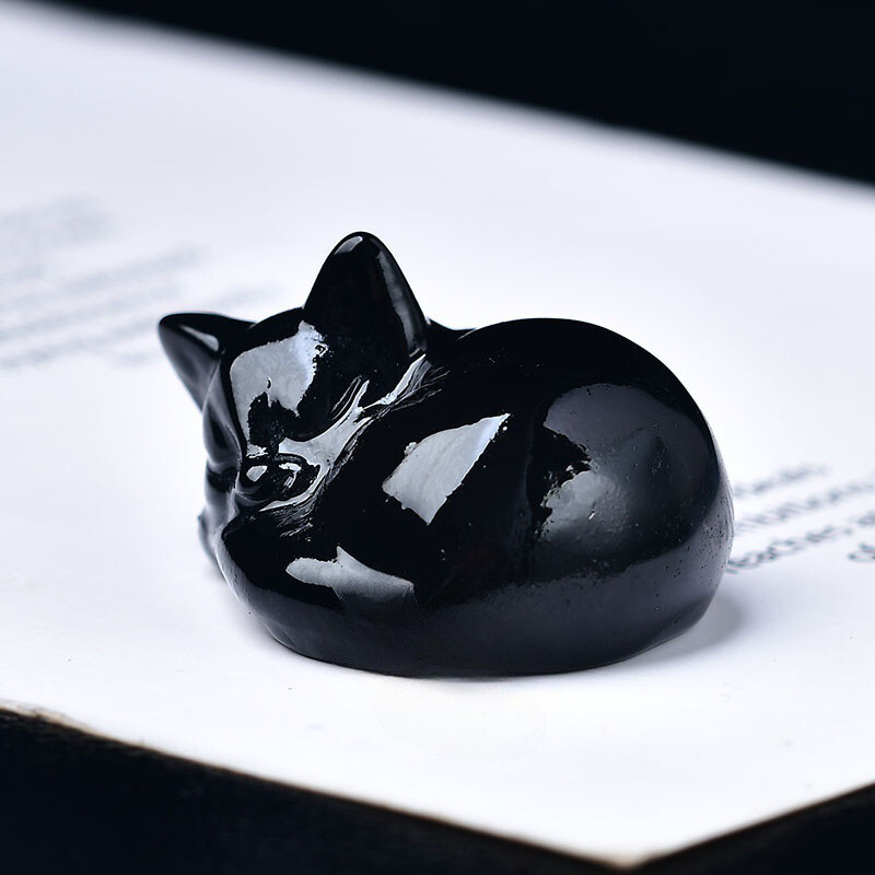 Natural Black Obsidian Quartz Crystal Carved Sleep Cat Stone Healing Reiki Skull