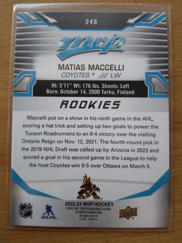 2022-23 Upper Deck MVP Matias Maccelli Rookie RC SP #248 Arizona Coyotes - Picture 2 of 2