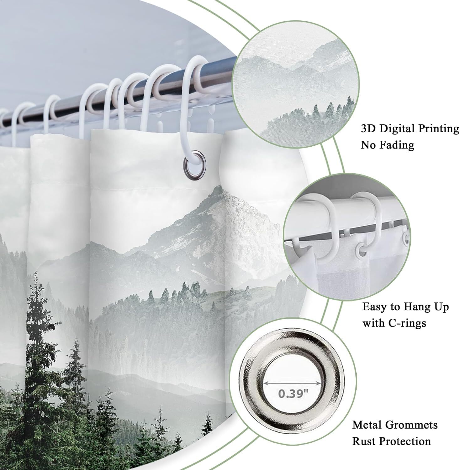 Riyidecor Misty Woodland Mens Shower Curtain 60Wx72H, Green Mountain